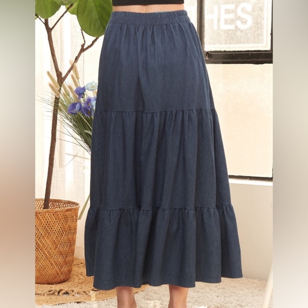 ADORA Waist Band Tiered Denim Maxi Skirt
